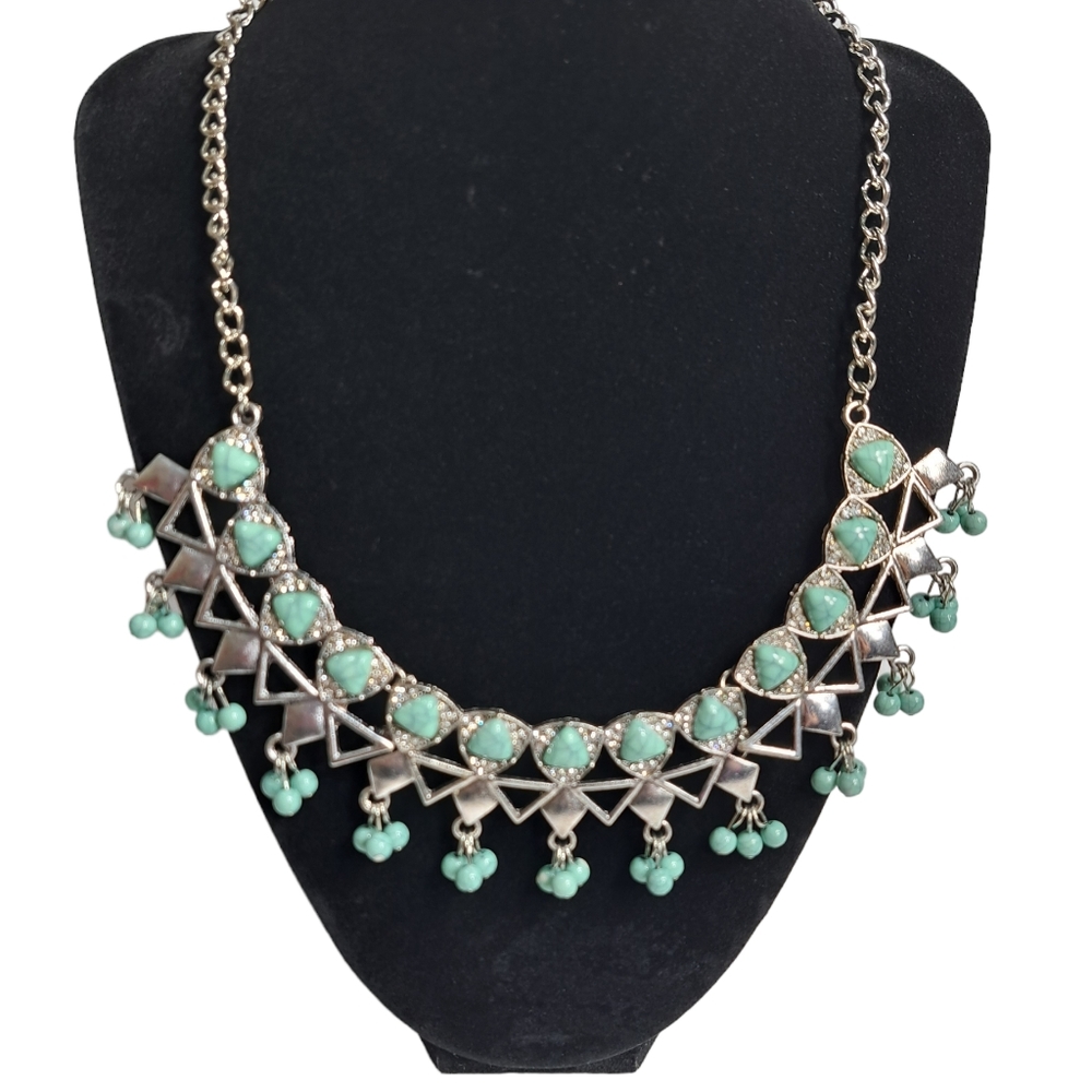 Women's Silver Tone Necklace Faux Turquoise Stones & Clear Rhinestones 9.5‎ Inch